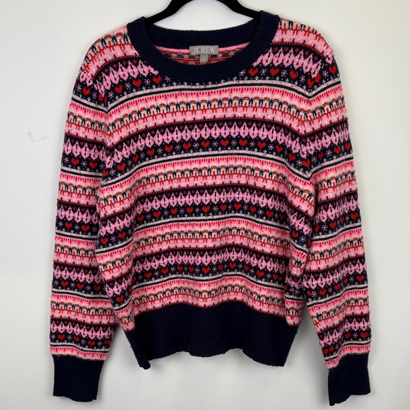J. Crew “Shrunken” Fair Isle Sweater/ Heart Crewneck/Navy Pink/Wool/ Size XL - Picture 1 of 9